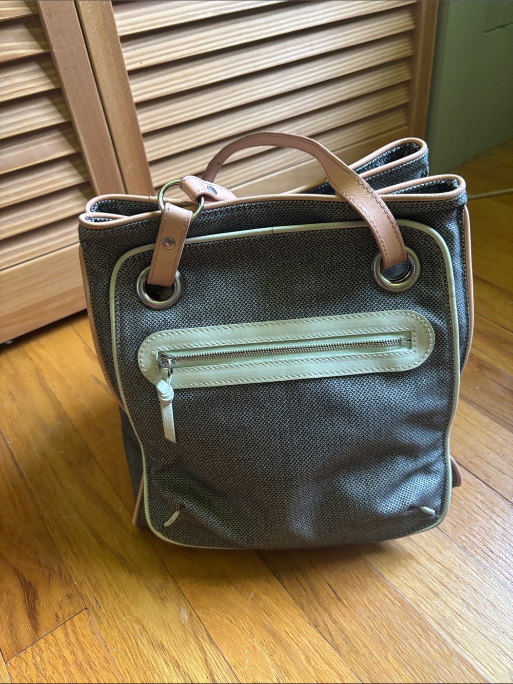 Bottega Veneta Brown Canvas Tote with Cream Trim and Tan Leather Handles